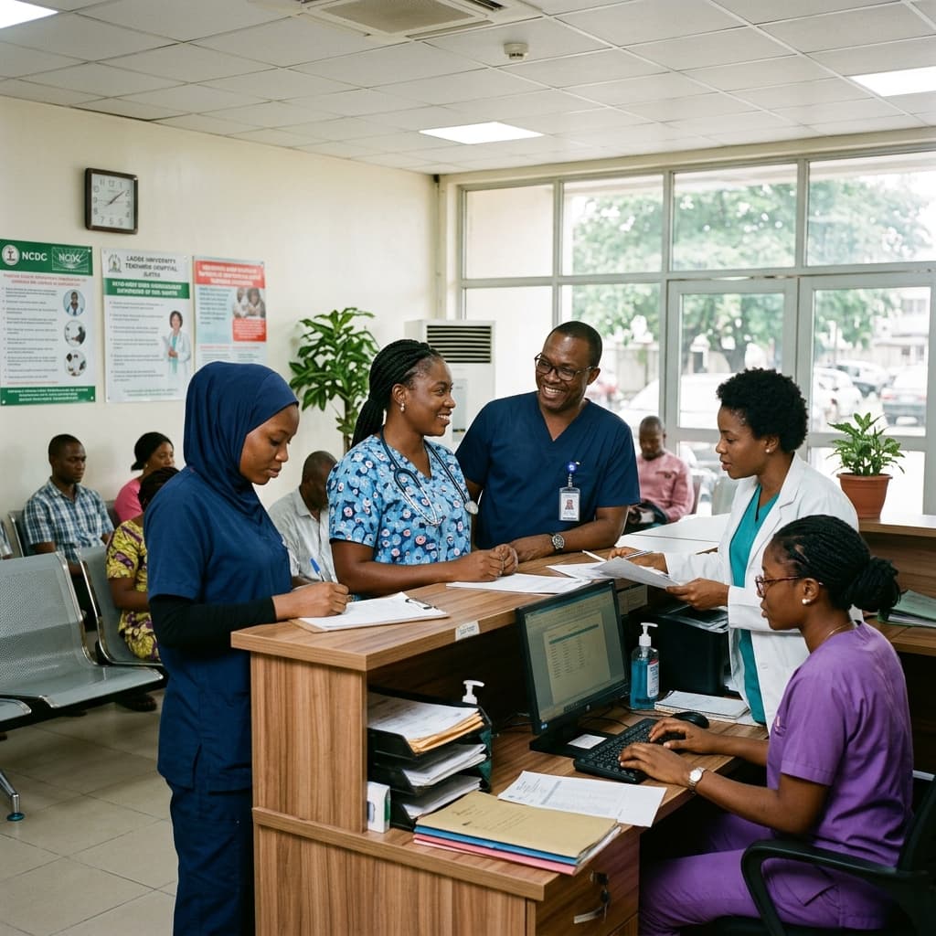 Professional Nigerian medical clinic reception area, luxury family healthcare center in Lagos