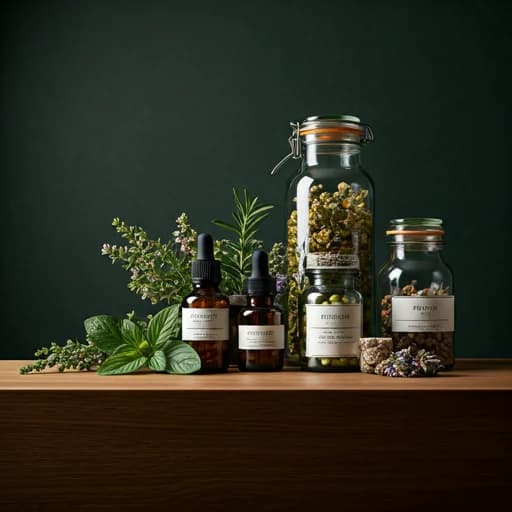 Botanical apothecary jars and fresh herbs arranged on an oak table in soft natural light.