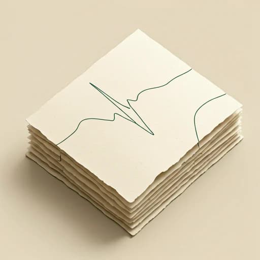 Cream textured paper with a single-line pulse drawing in deep green ink.