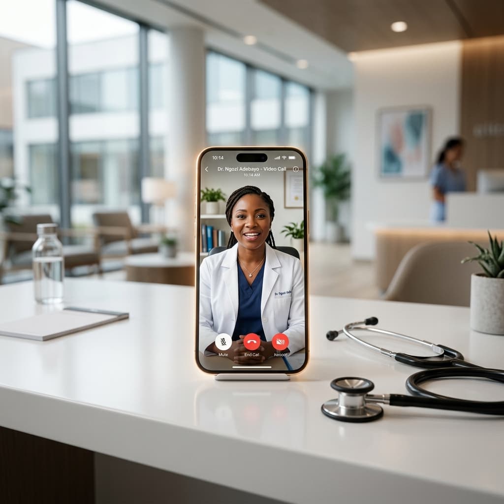 A Nigerian female doctor seen on a telemedicine video call on a smartphone in a medical clinic.