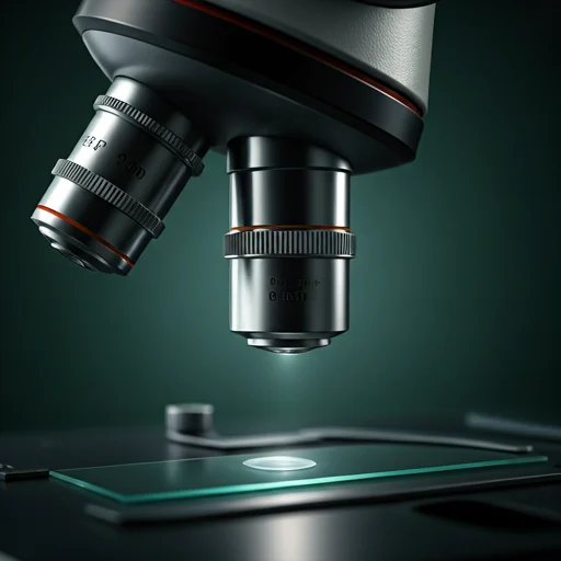 A precision microscope lens focused on a slide against a deep green clinical background.