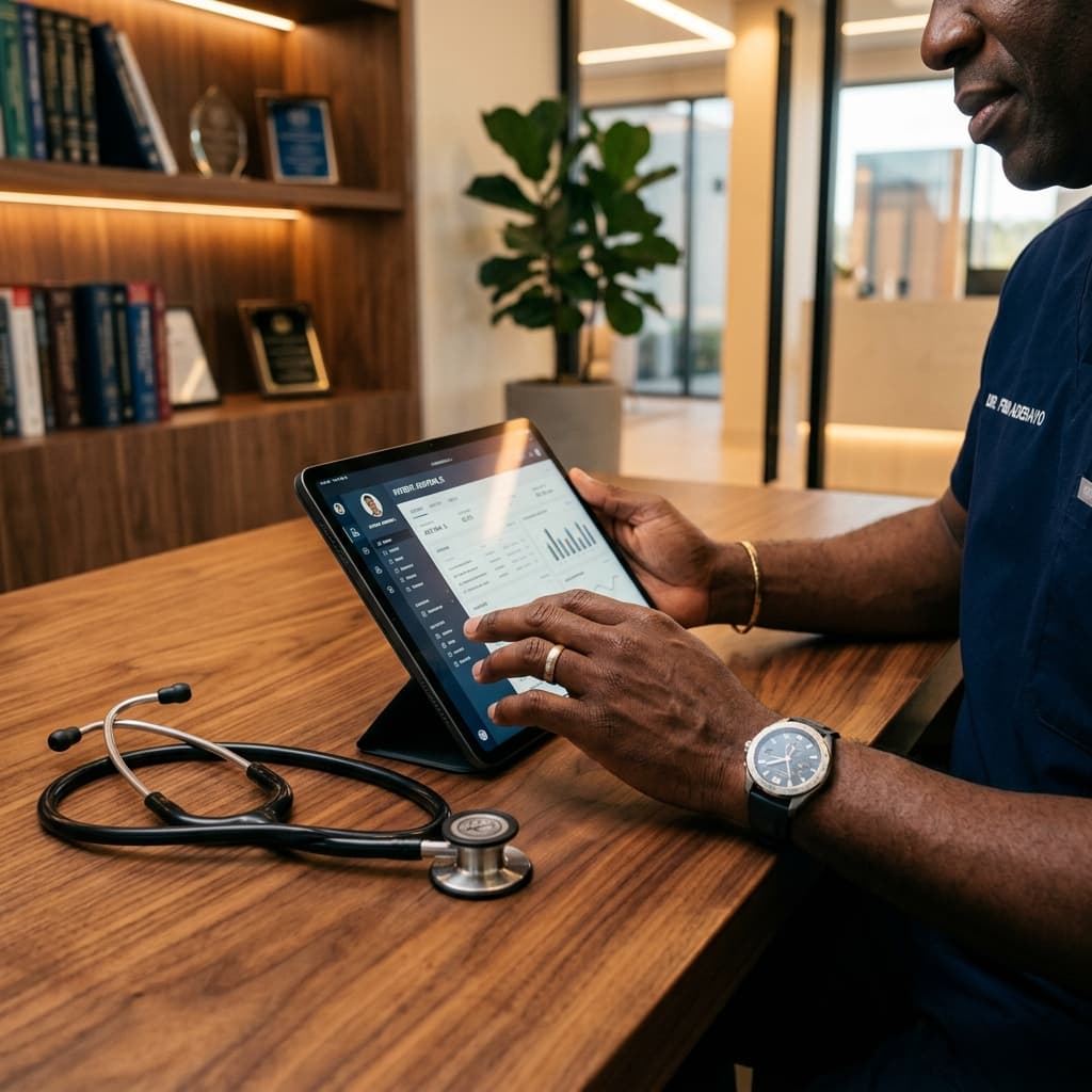 A Nigerian male doctor using a modern tablet in a high-end medical office.