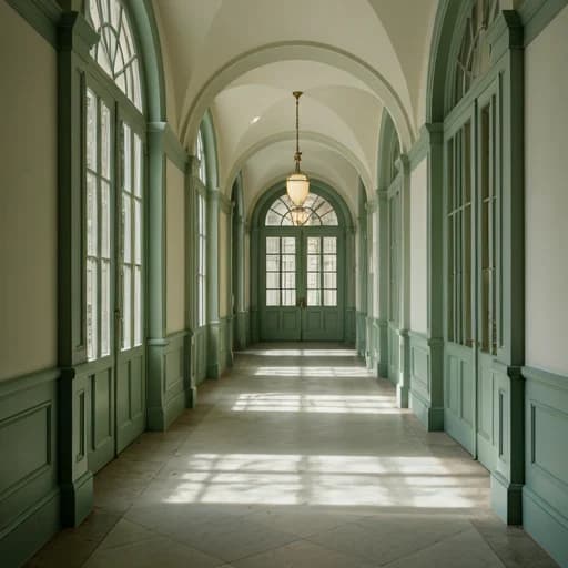 An elegant healthcare corridor with tall windows, soft daylight, and quiet architectural detail.