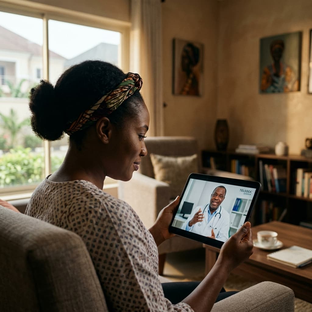 A candid over-the-shoulder view of a Nigerian mother in a focused telemedicine consultation with a doctor on a tablet.