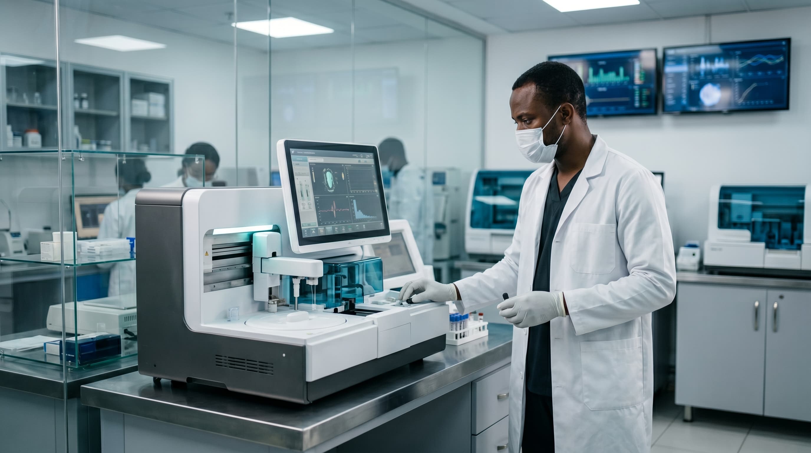 A high-end diagnostic laboratory at Maryland Healthcare, showing a focused professional working with state-of-the-art automated systems.