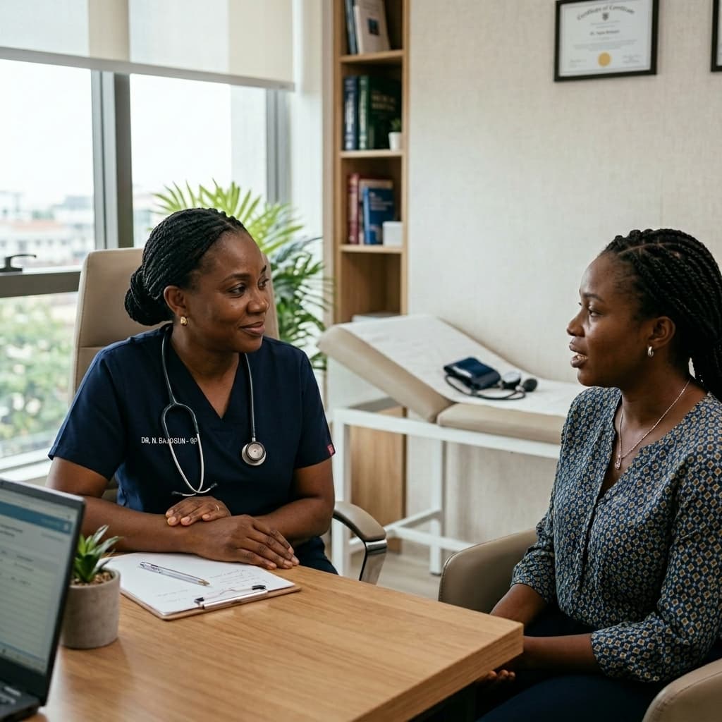 A professional and empathetic Nigerian doctor engaged in a thoughtful consultation with a patient in a modern clinic.