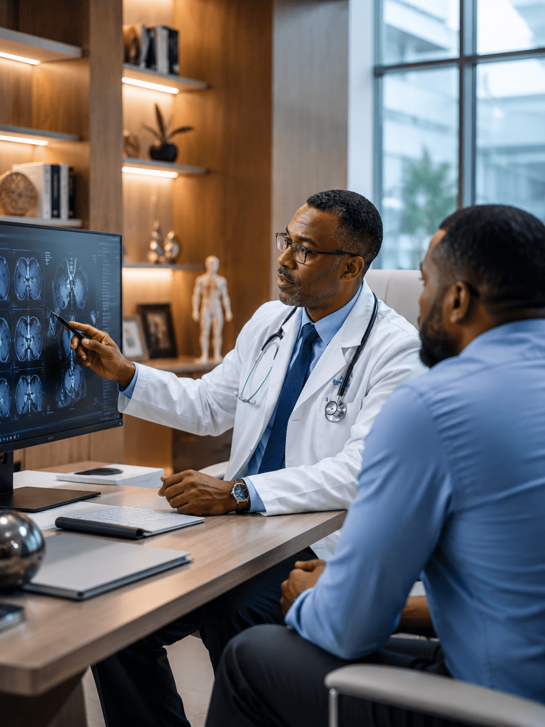 A senior internal medicine specialist at Maryland Healthcare reviewing complex medical data with a patient in a premium private office.