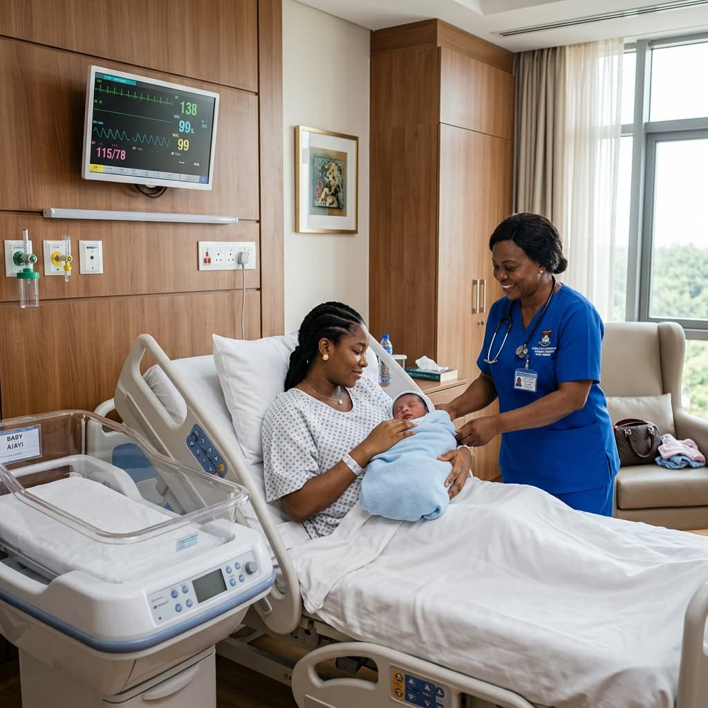 A professional and premium maternity suite at Maryland Healthcare, showing a Nigerian mother and newborn in a clean, modern clinical environment.