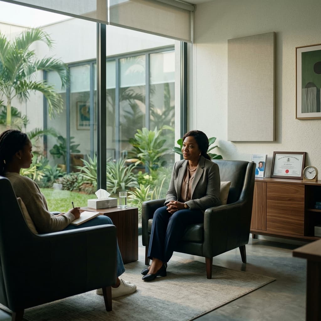 A serene and professional mental health therapy suite at Maryland Healthcare, featuring a kind Nigerian therapist in a calm, private environment.