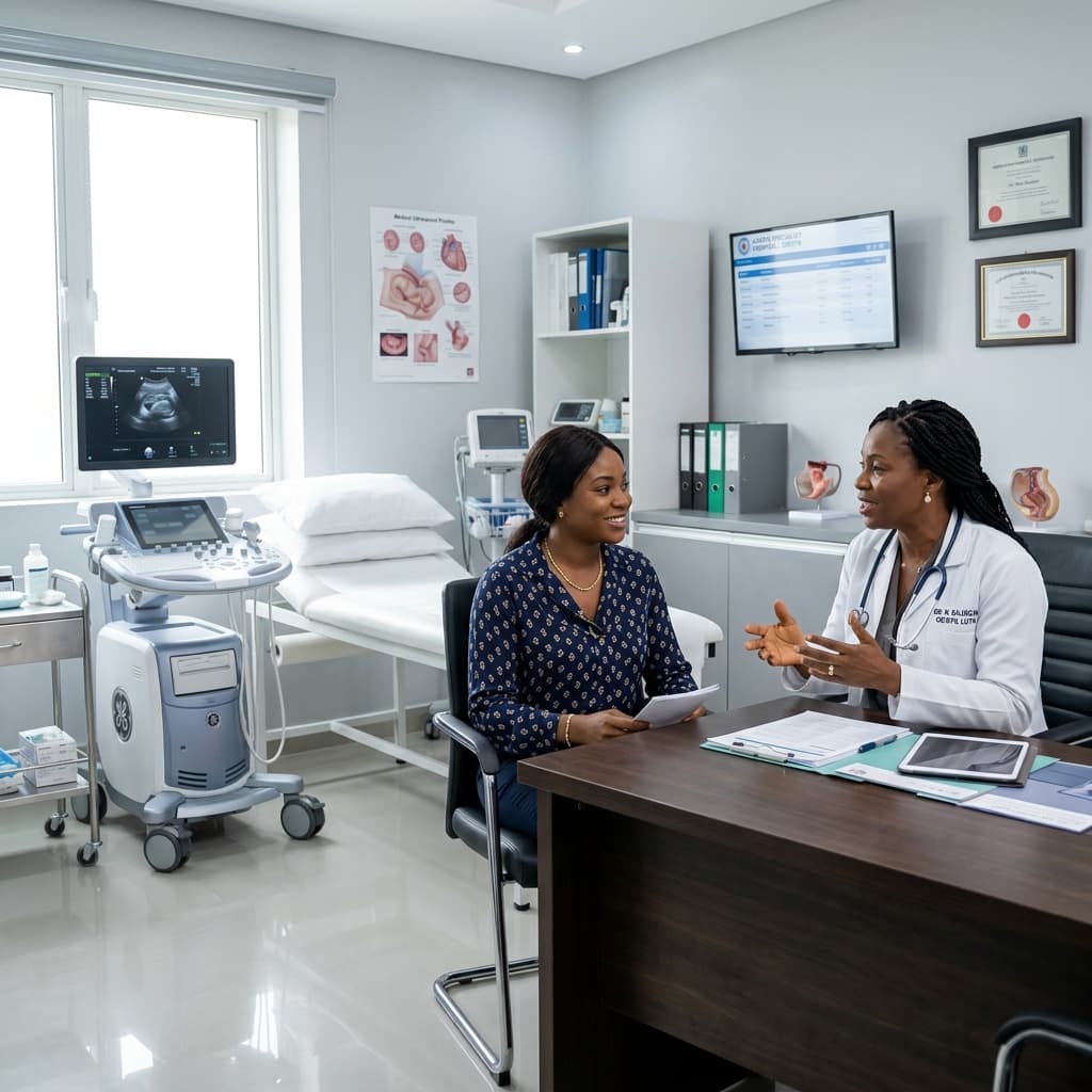 A professional and empathetic Nigerian female doctor in a focused OBGYN consultation within a modern, well-equipped clinic.