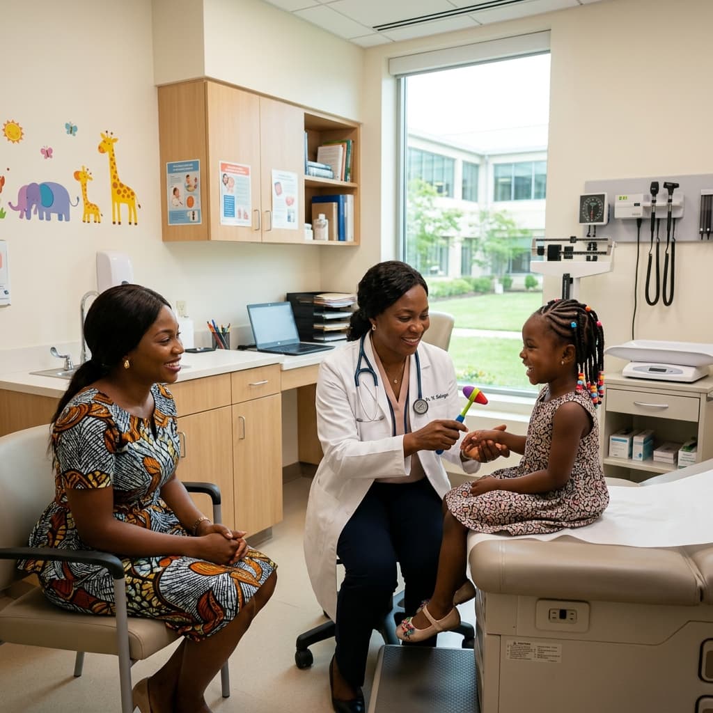 A pediatrician warmly engaging a child in a bright clinic room with soft natural light.